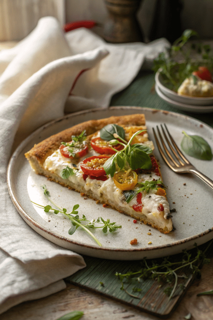 Slice of cottage cheese pizza on plate