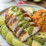 Plated grilled salsa verde chicken with sides