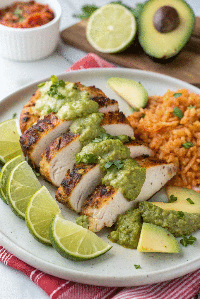 Plated grilled salsa verde chicken with sides