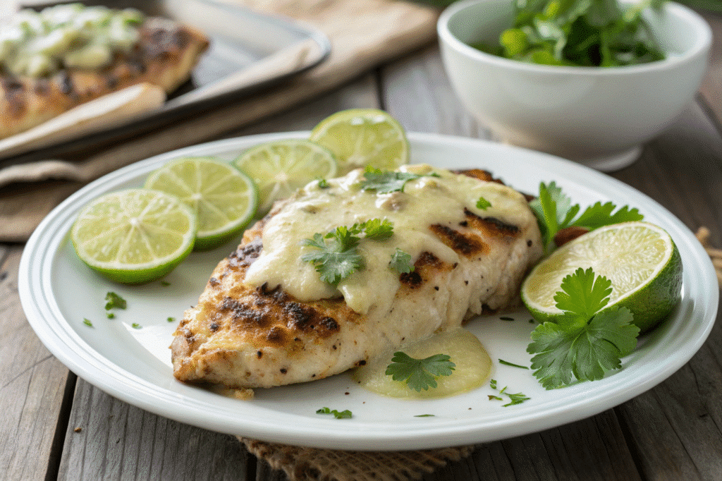 Grilled Salsa Verde Pepper Jack Chicken Recipe topped with melted pepper jack cheese