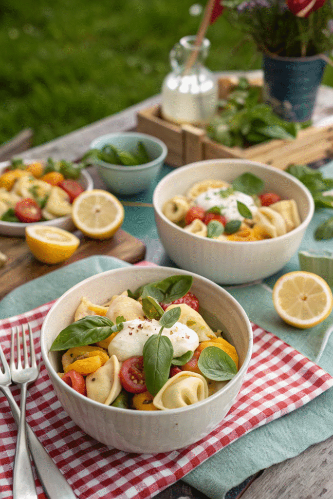 Served tortellini pasta salad in bowls