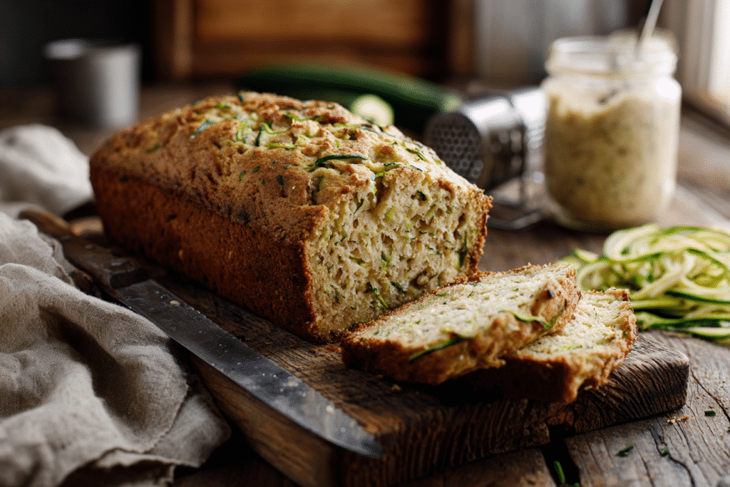 Sourdough zucchini bread loaf sliced on wooden board