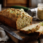 Sourdough zucchini bread loaf sliced on wooden board