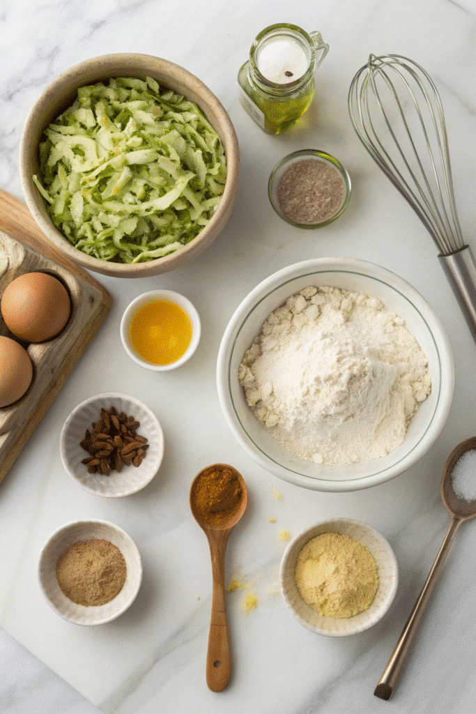 Ingredients for sourdough zucchini bread arranged flat