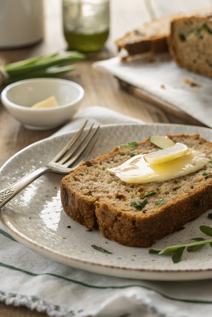 Served slice of sourdough zucchini bread with butter