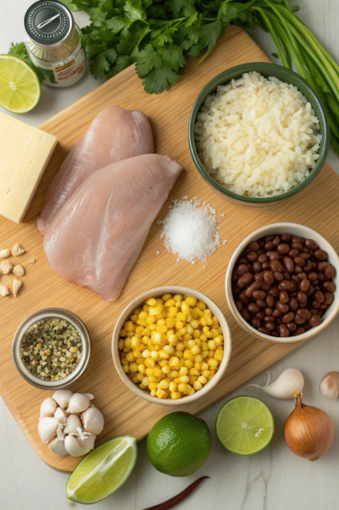 Ingredients for salsa verde chicken skillet laid out