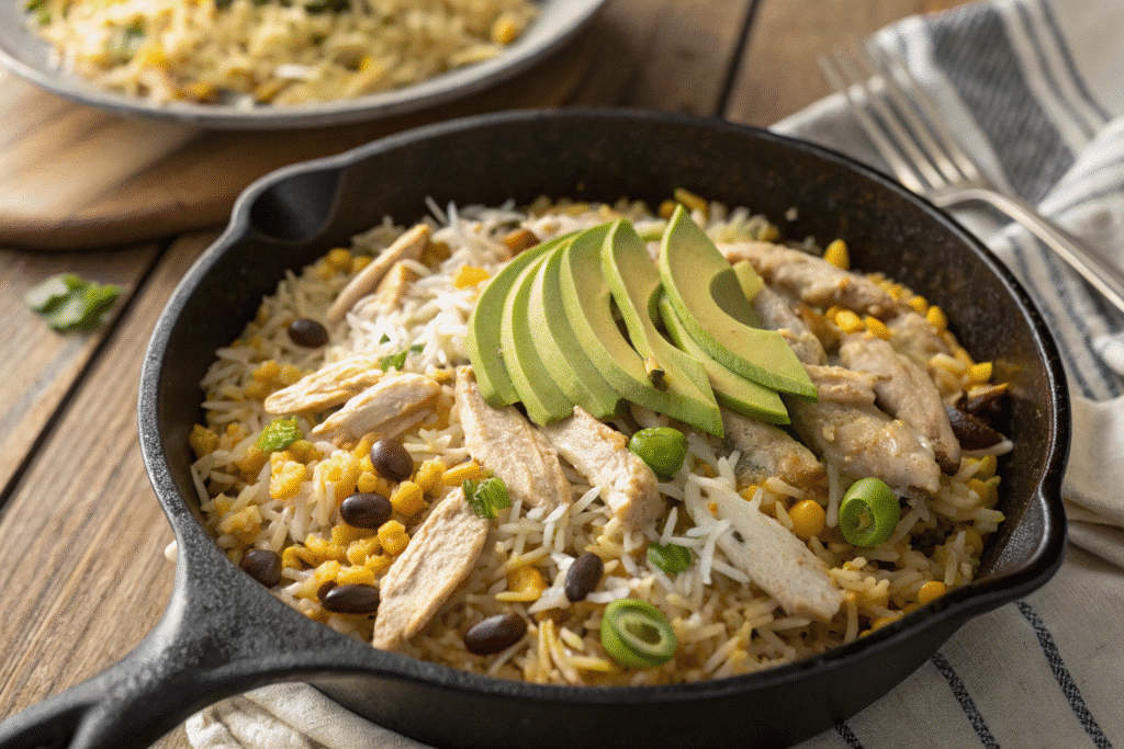 Salsa verde chicken and rice skillet in a cast iron pan