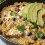 Served salsa verde chicken rice with toppings