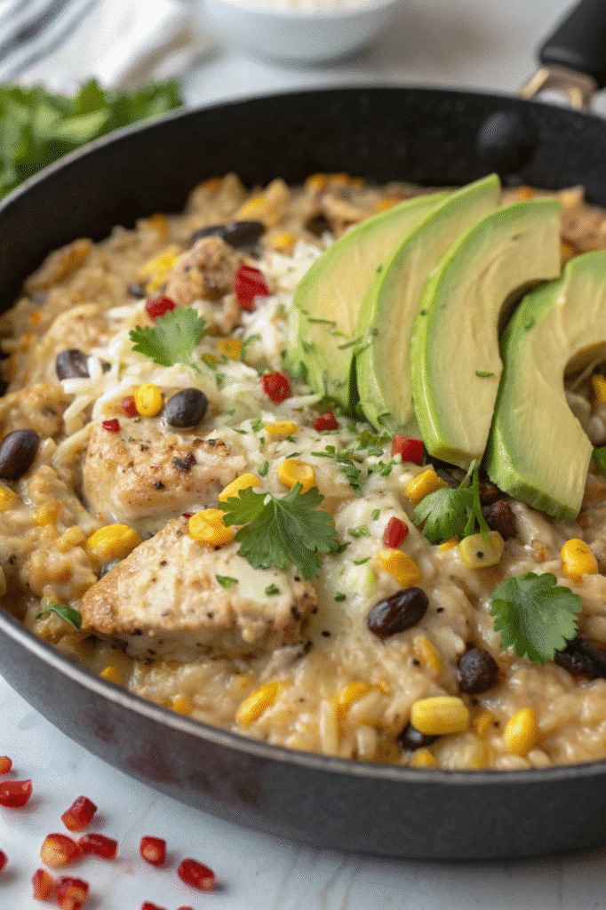 Served salsa verde chicken rice with toppings