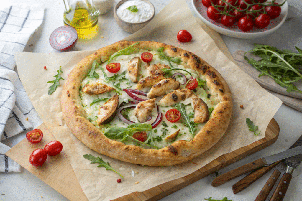 Tzatziki chicken pizza with grilled chicken and fresh toppings