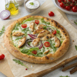 Tzatziki chicken pizza with grilled chicken and fresh toppings