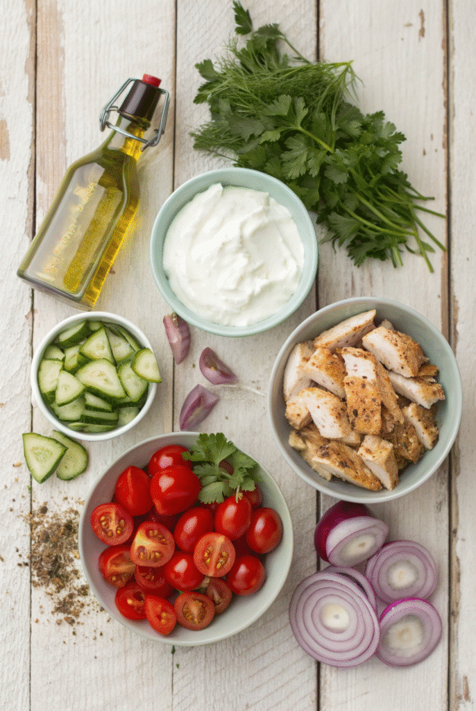 Tzatziki chicken pizza ingredients laid out
