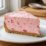 Slice of No-Bake Greek Yogurt Jello Cheesecake on a white plate with graham cracker crust.