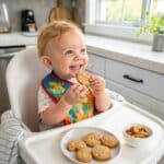 Baby eating soft melt-in-mouth peanut cookie for early allergen introduction