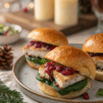 Close-up of turkey cranberry slider buns cut in half showing layers