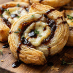 Golden brown Fig and Goat Cheese Pinwheels with balsamic glaze and fresh thyme.