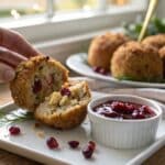 Close-up of baked cranberry herb stuffing balls with one broken open showing moist interior