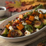 Maple-glazed Brussels sprouts and butternut squash salad with burrata cheese and walnuts on white platter