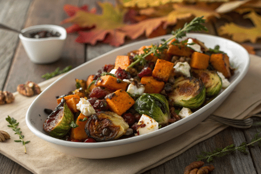 Maple-glazed Brussels sprouts and butternut squash salad with burrata cheese and walnuts on white platter