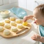 No-Sugar Cottage Cheese Frozen Bites for Teething on wooden baby tray with infant hand