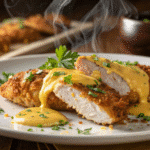 Crispy pretzel chicken with mustard-cheddar sauce on white plate garnished with parsley