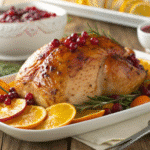 Cranberry orange glazed turkey breast on white platter with fresh cranberries