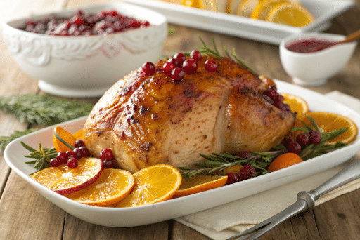 Cranberry orange glazed turkey breast on white platter with fresh cranberries