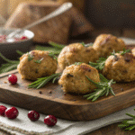 Cranberry turkey stuffing balls on rustic wooden board with rosemary garnish - holiday appetizer recipe