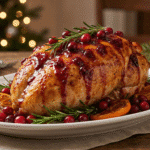 Roasted Cranberry Orange Glazed Turkey Breast on a white platter with fresh herbs.