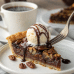 Slice of gooey chocolate pecan dessert served warm with vanilla ice cream on white plate