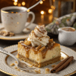 Spiced apple cheesecake squares being served on plate showing layered dessert with caramel drizzle