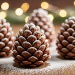 Chocolate Pinecone Hack Dessert dusted with powdered sugar snow on a wooden table.