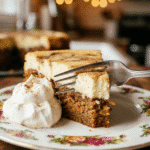 Mise en place for the recipe showing fresh grated carrots, cream cheese, eggs, and spices arranged on a marble surface.