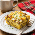 A slice of Southern-style savory breakfast bake served with coffee