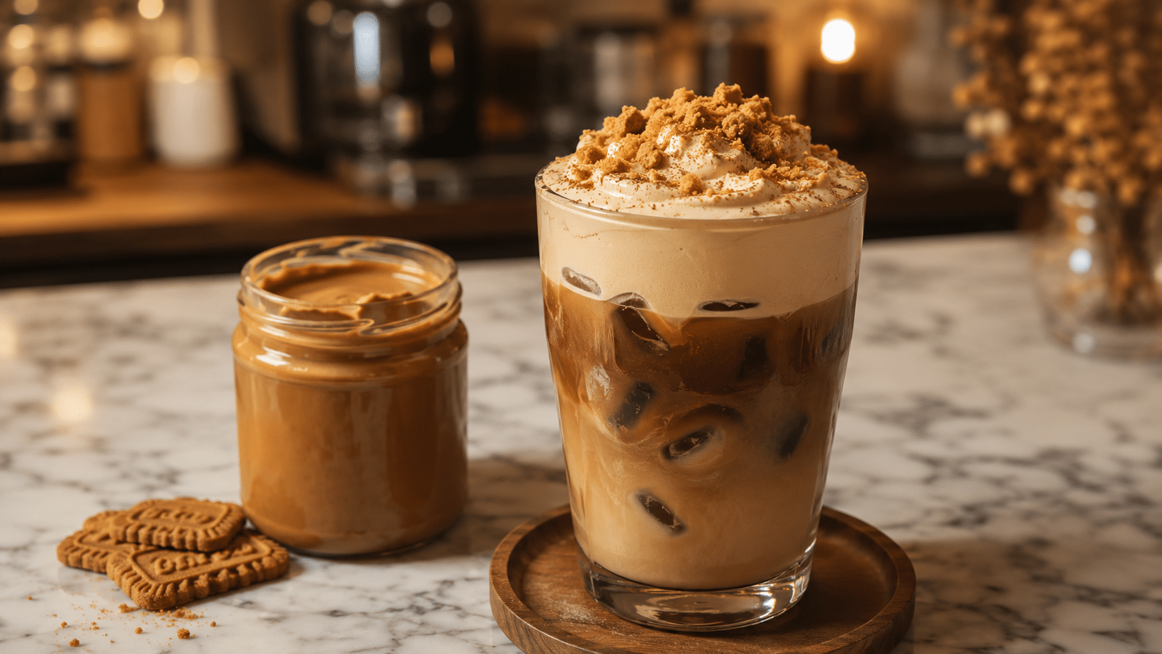 Cookie Butter Cold Foam: Creamy Cookie-Shop Coffee Topping 5 Cookie Butter Cold Foam on iced coffee with cookie crumbs