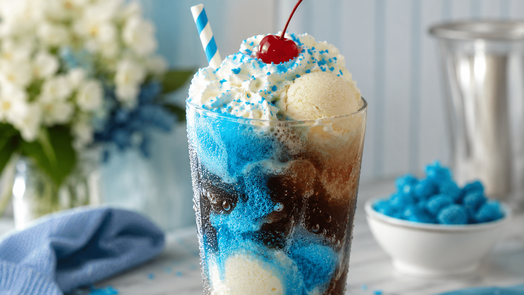 Blue Raspberry Vanilla Coke Float: Bright Soda-Shop Treat 4 Blue Raspberry Vanilla Coke Float with ice cream and whipped cream