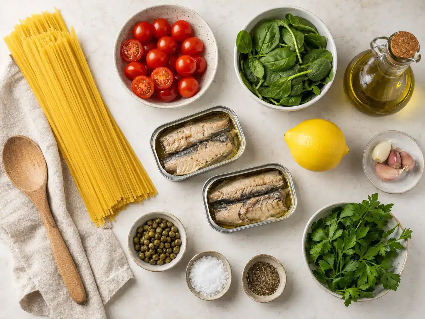 Canned Mackerel Recipes: Easy Lemon-Herb Pasta 4 Ingredients for canned mackerel pasta with spaghetti, mackerel, tomatoes, spinach, lemon, garlic, capers, parsley, and olive oil