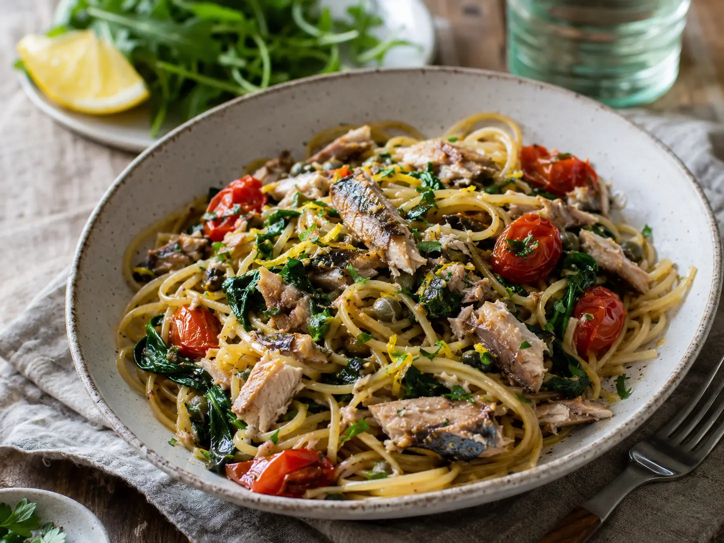 Canned Mackerel Recipes: Easy Lemon-Herb Pasta 5 Lemon-herb canned mackerel pasta served with tomatoes, spinach, capers, parsley, and a crisp salad