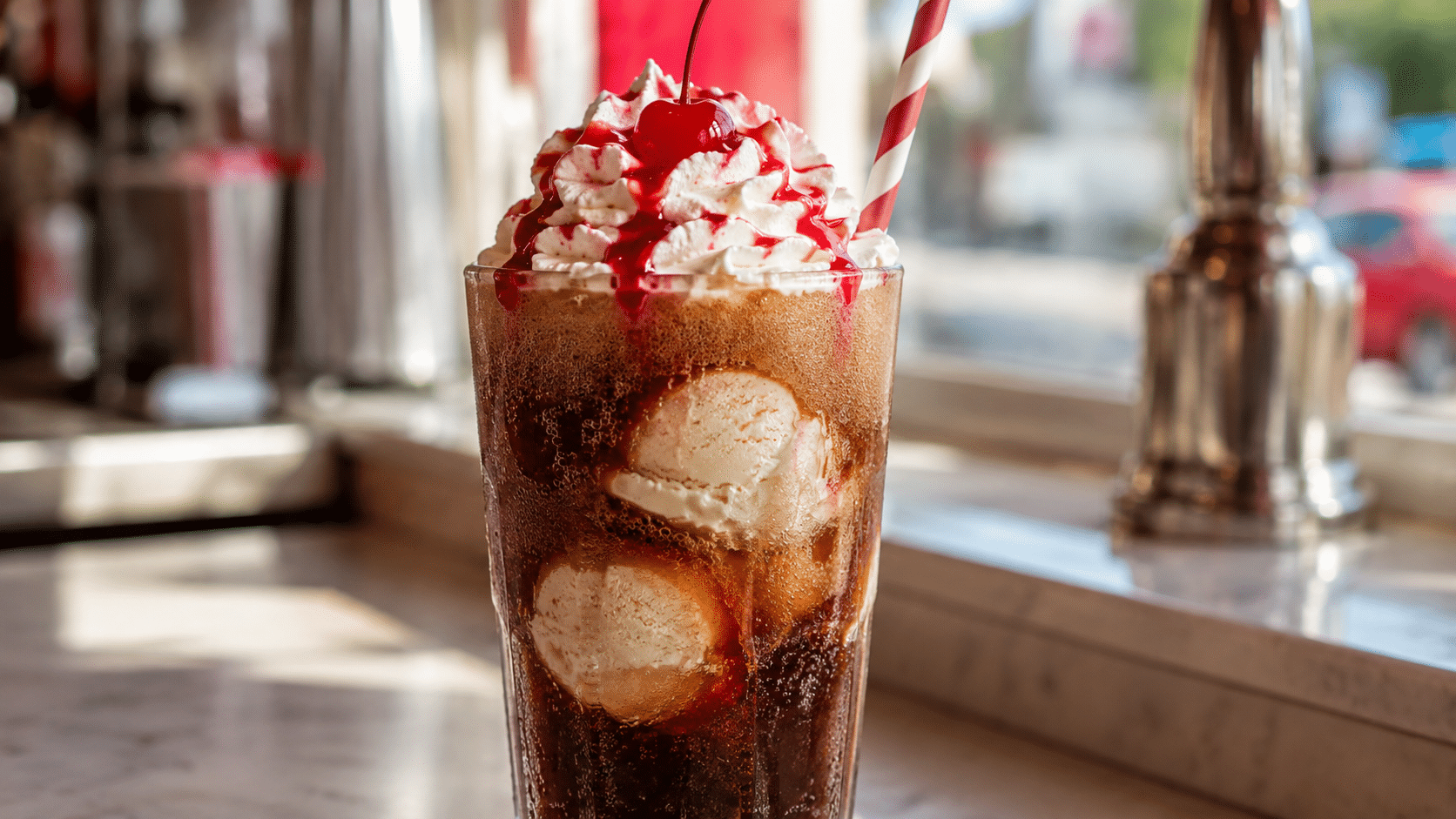 Cherry Dr Pepper Float: Creamy Retro Soda-Shop Treat 3 Cherry Dr Pepper Float with vanilla ice cream and whipped cream