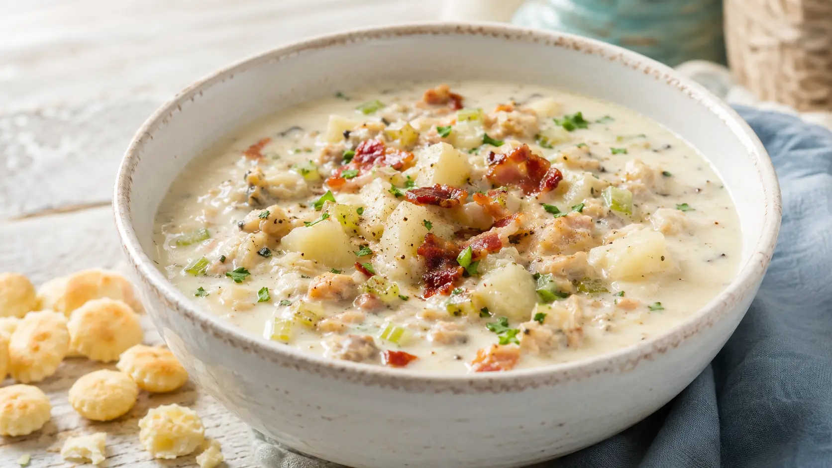 Clam Chowder Recipes: Creamy New England Chowder 15 Creamy New England clam chowder with potatoes, bacon, clams, parsley, and oyster crackers