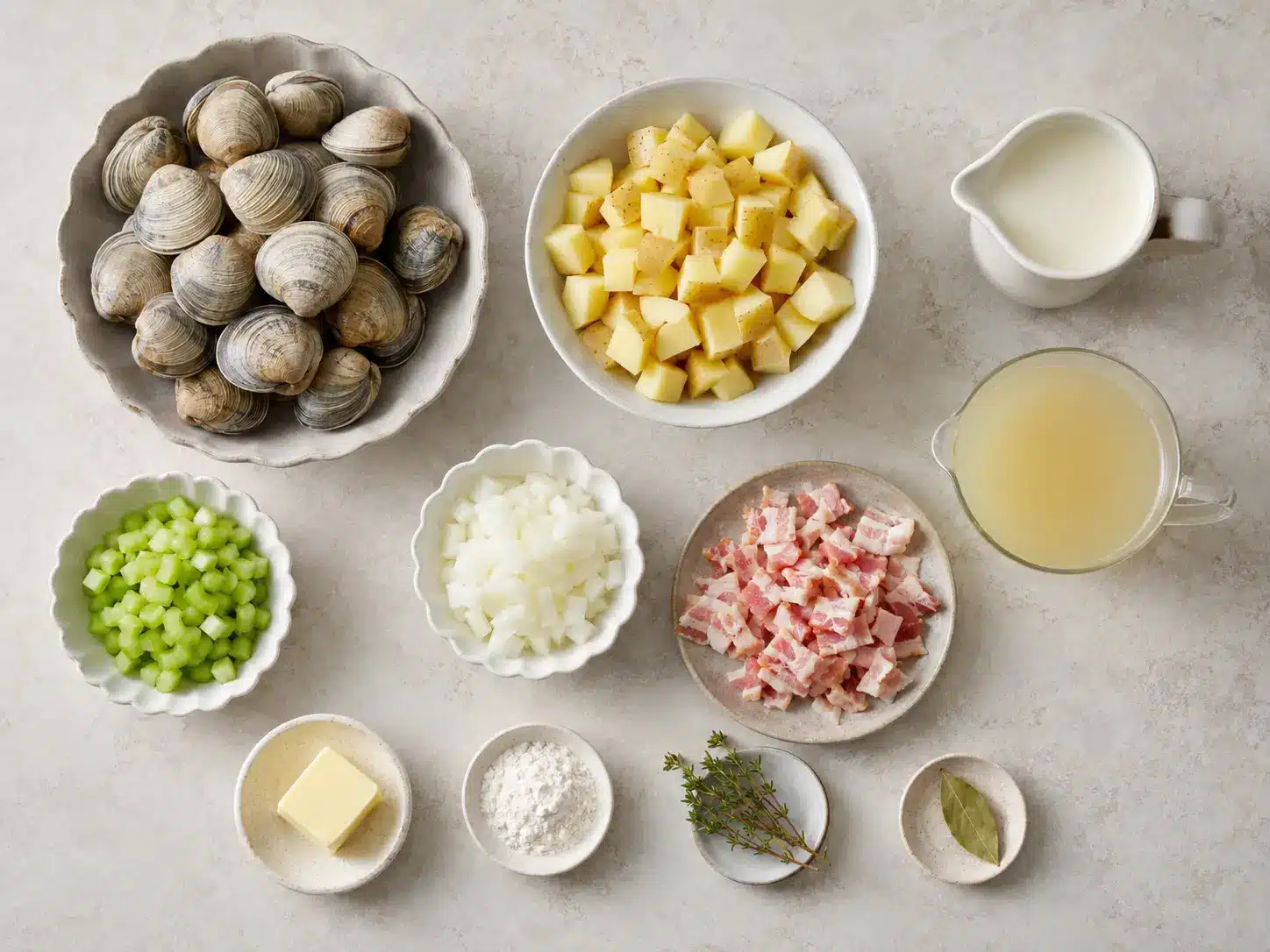 Clam Chowder Recipes: Creamy New England Chowder 6 Clam chowder ingredients including clams, potatoes, milk, celery, onion, bacon, butter, flour, and herbs