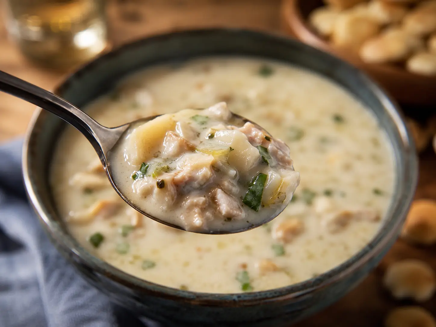 Clam Chowder Recipes: Creamy New England Chowder 7 Spoonful of creamy clam chowder showing tender clams, potatoes, bacon, and herbs