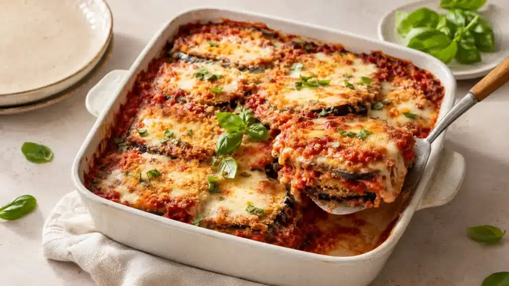Eggplant Parmesan Recipe: Crispy, Saucy, and Cheesy 5 Eggplant parmesan recipe with crisp breaded eggplant, tomato sauce, mozzarella, Parmesan, and basil