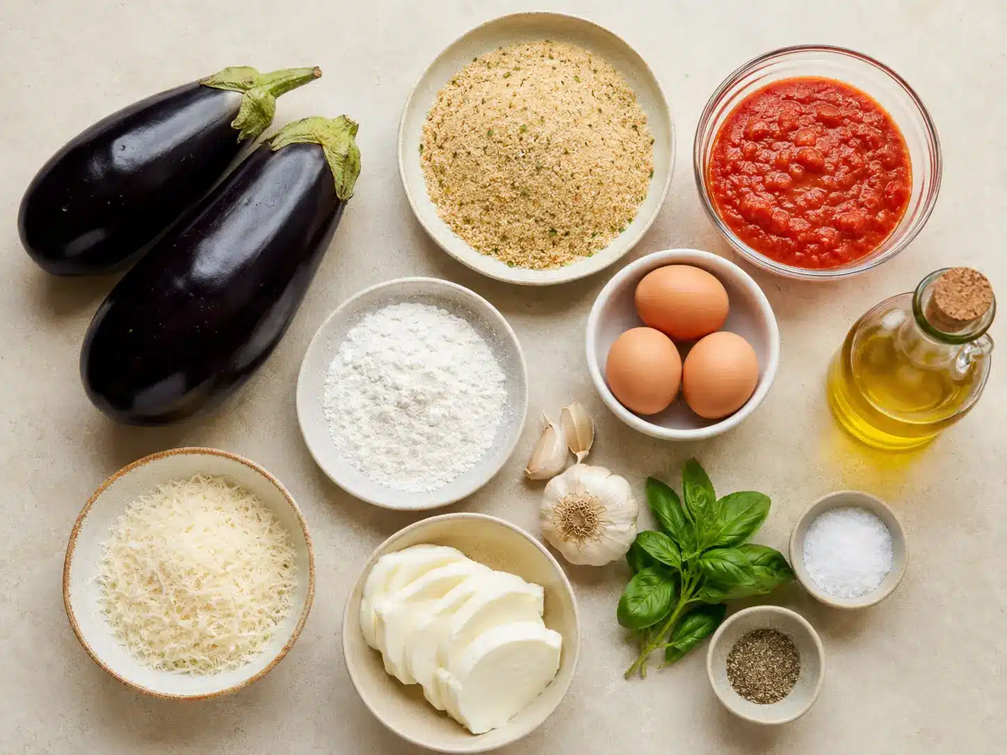 Eggplant Parmesan Recipe: Crispy, Saucy, and Cheesy 6 Eggplant Parmesan ingredients with eggplant, breadcrumbs, eggs, flour, marinara, mozzarella, Parmesan, basil, and olive oil
