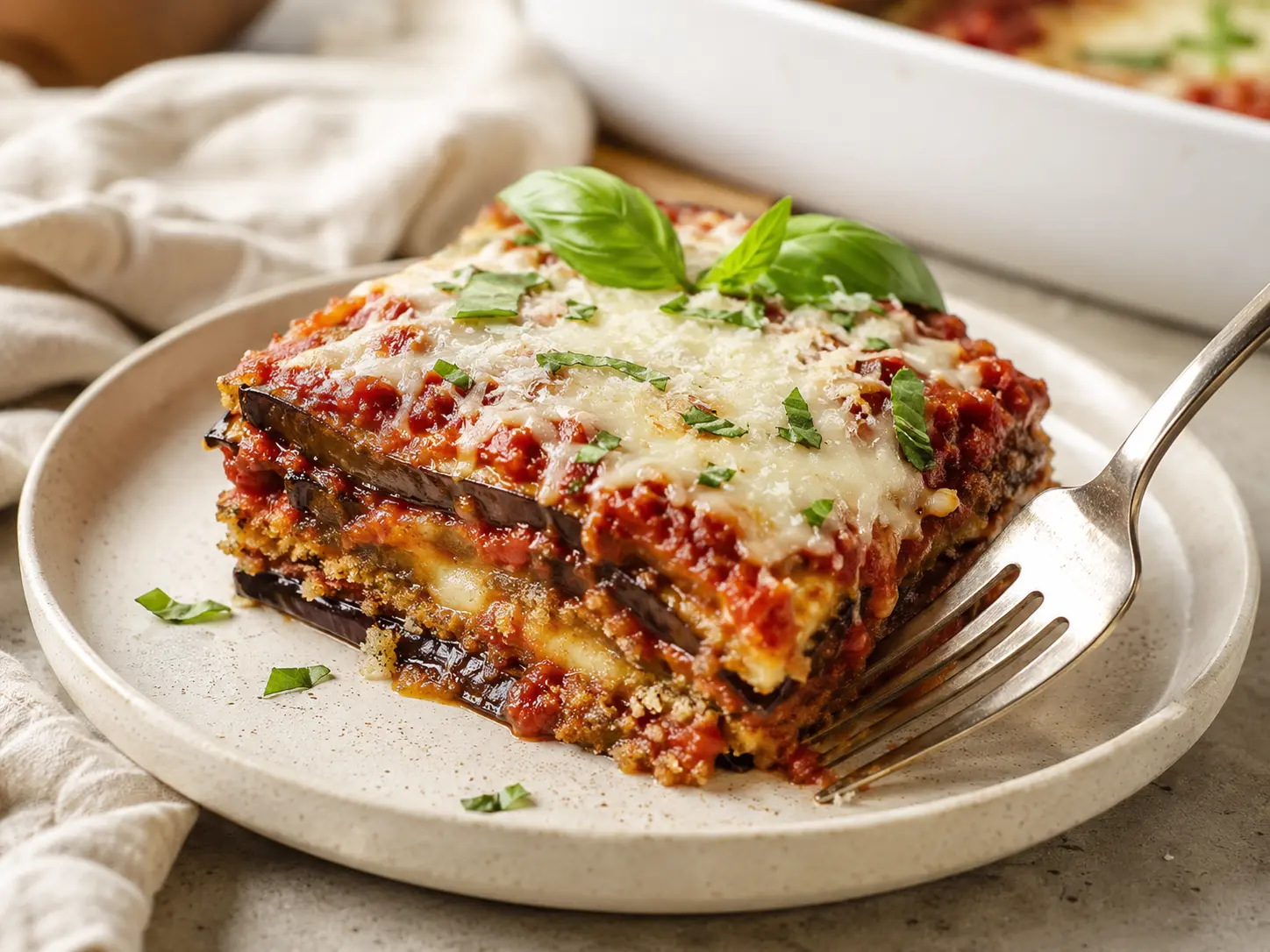 Eggplant Parmesan Recipe: Crispy, Saucy, and Cheesy 7 Baked eggplant Parmesan serving with crisp layers, tomato sauce, melted mozzarella, Parmesan, and fresh basil