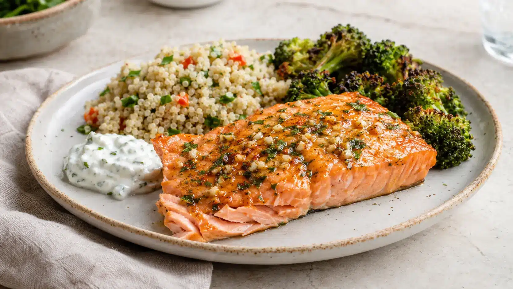 High Protein Salmon with Quinoa and Broccoli 17 High protein salmon with quinoa, roasted broccoli, and Greek yogurt herb sauce