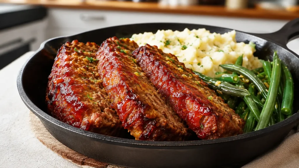 Leftover Meatloaf Recipes: Easy Cheesy Skillet 1 Crispy glazed leftover meatloaf slices in a cast-iron skillet with mashed potatoes and green beans