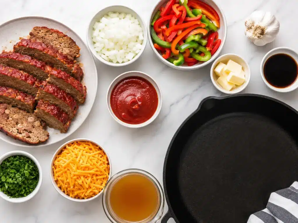 Leftover Meatloaf Recipes: Easy Cheesy Skillet 2 Ingredients for leftover meatloaf skillet including sliced meatloaf, onion, peppers, garlic, cheddar, broth, and sauce