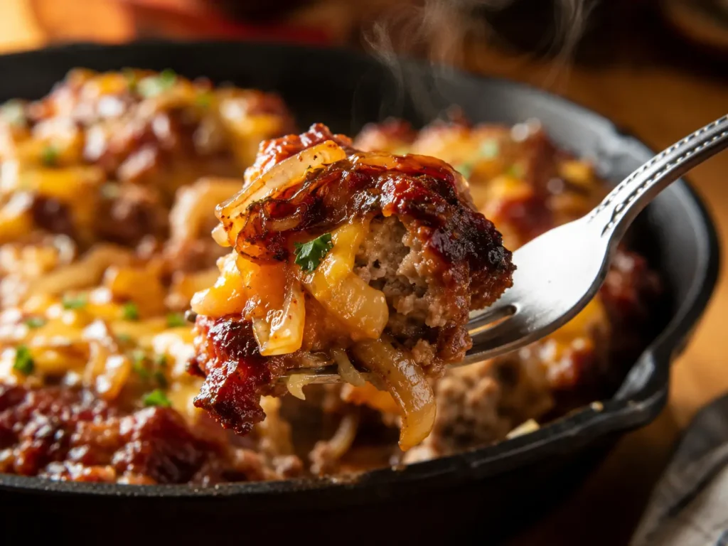 Leftover Meatloaf Recipes: Easy Cheesy Skillet 3 Close-up forkful of crispy cheesy leftover meatloaf with caramelized onion and savory sauce