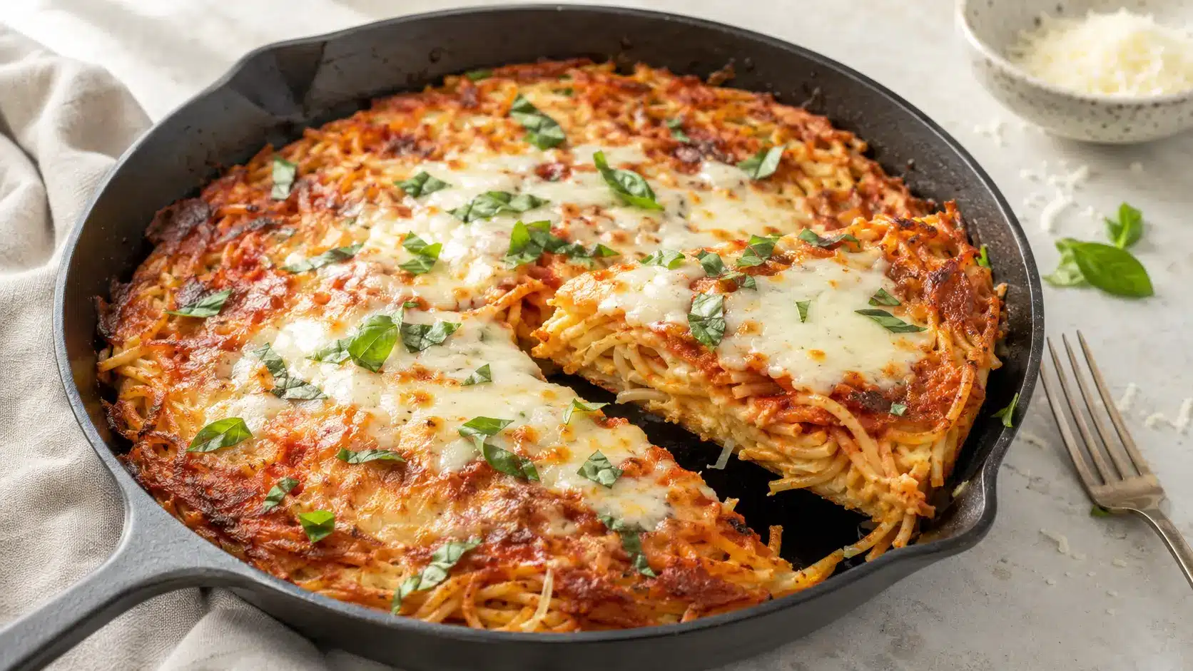 Leftover Spaghetti Recipes: Crispy Cheesy Skillet 16 Crispy cheesy leftover spaghetti skillet with tomato sauce, mozzarella, Parmesan, and basil